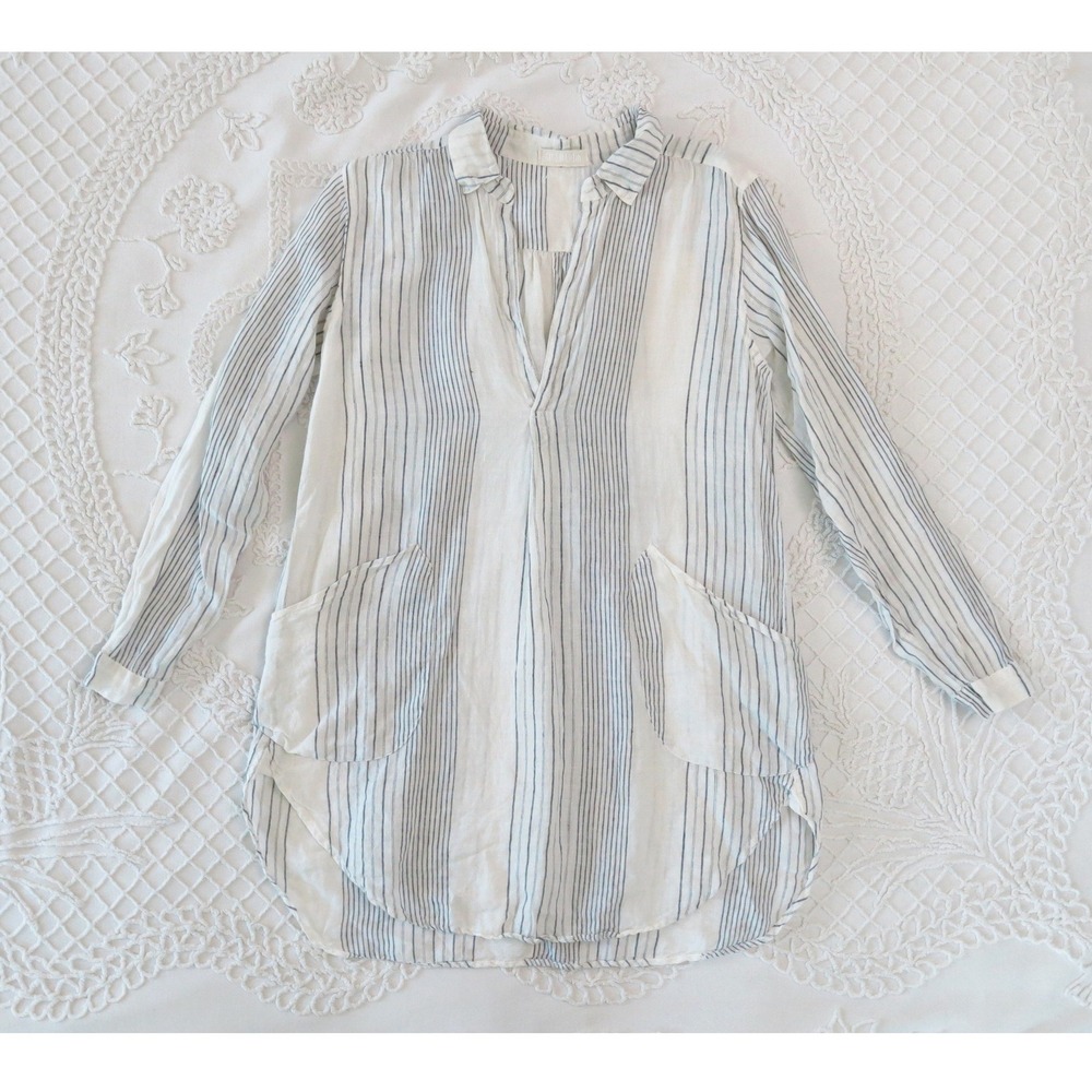 CP Shades XS Blue White Striped 100% Linen Teton Tunic Top Long Sleeve Pockets